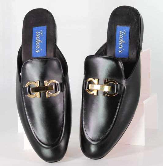 Black Leather Mules Golden Buckle