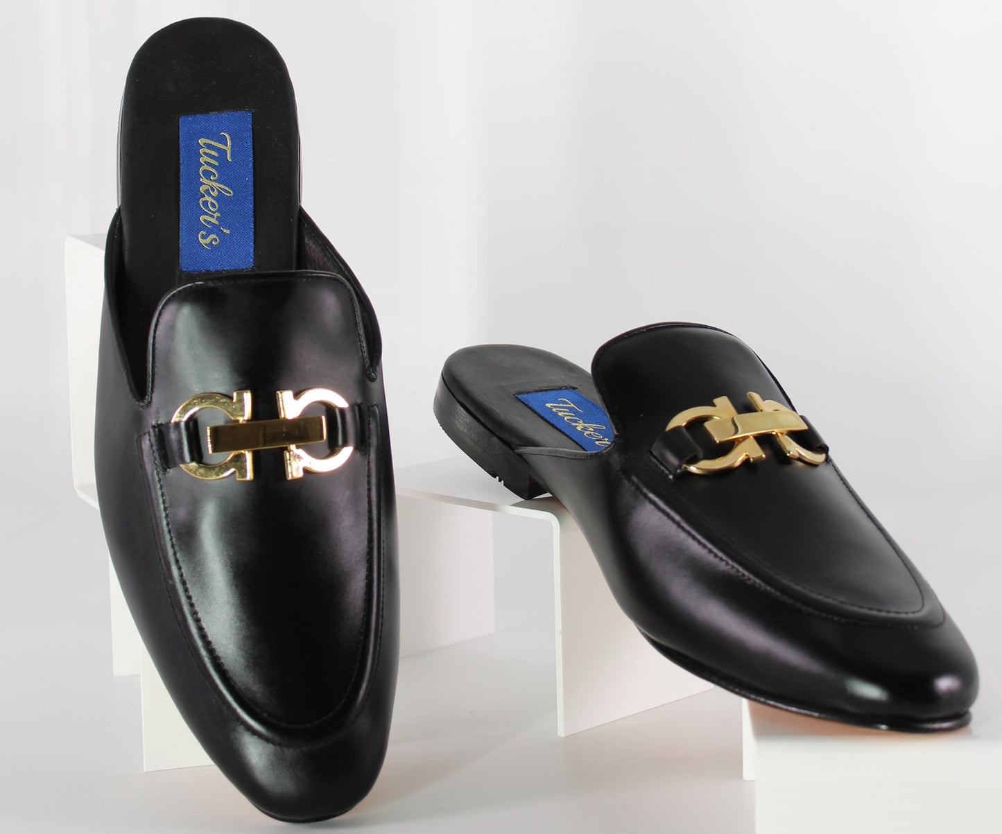 Black Leather Mules Golden Buckle